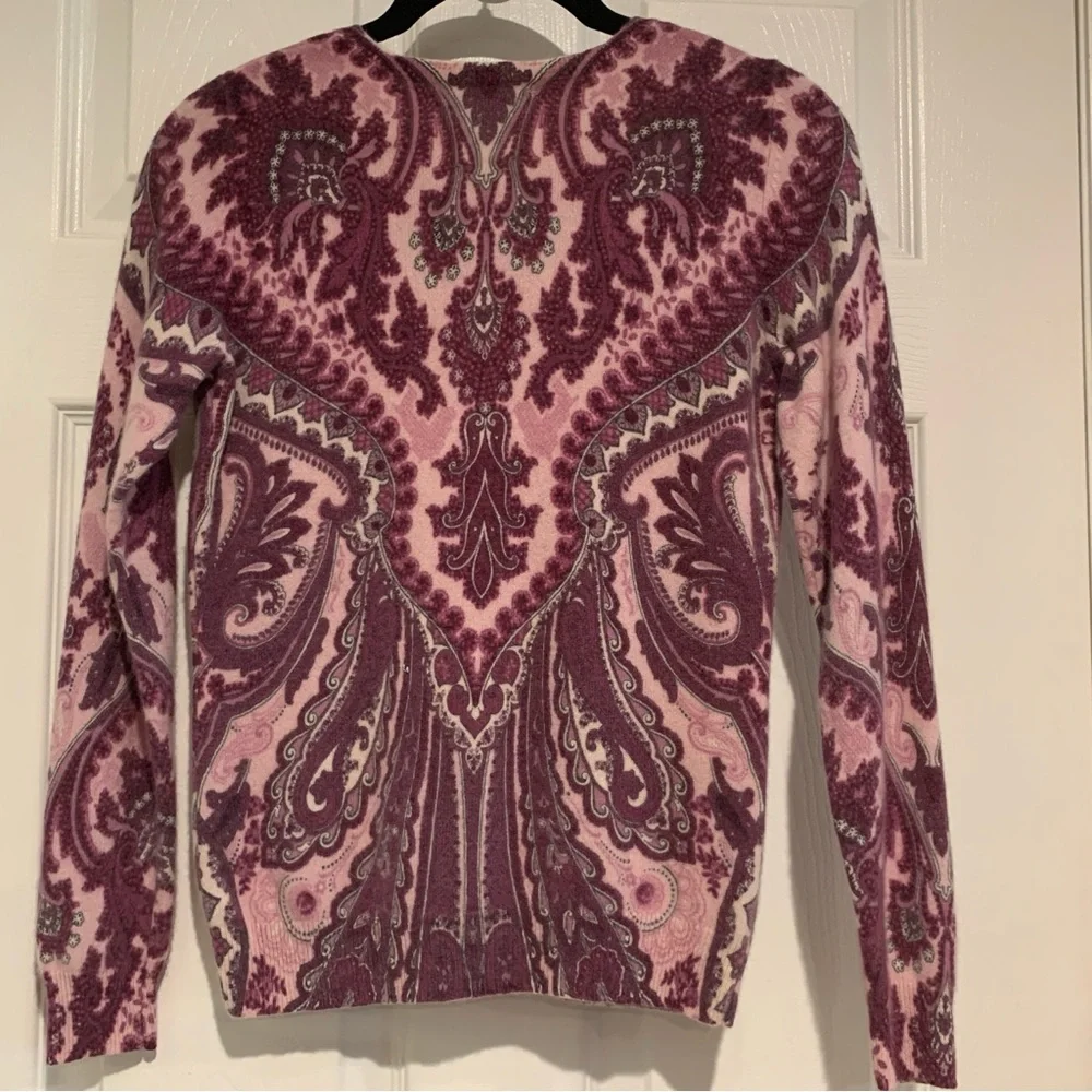 Classic Paisley Cashmere Round Neck Long Sleeve Pullover Sweater Rose Wine XS-S - Picture 6 of 14